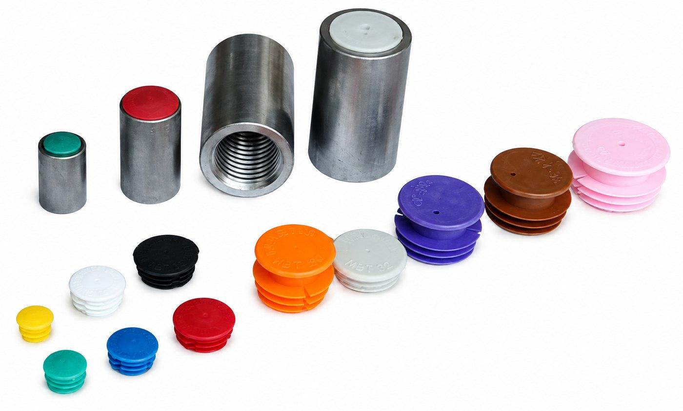 Rebar thread protection caps in five sizes and several colours