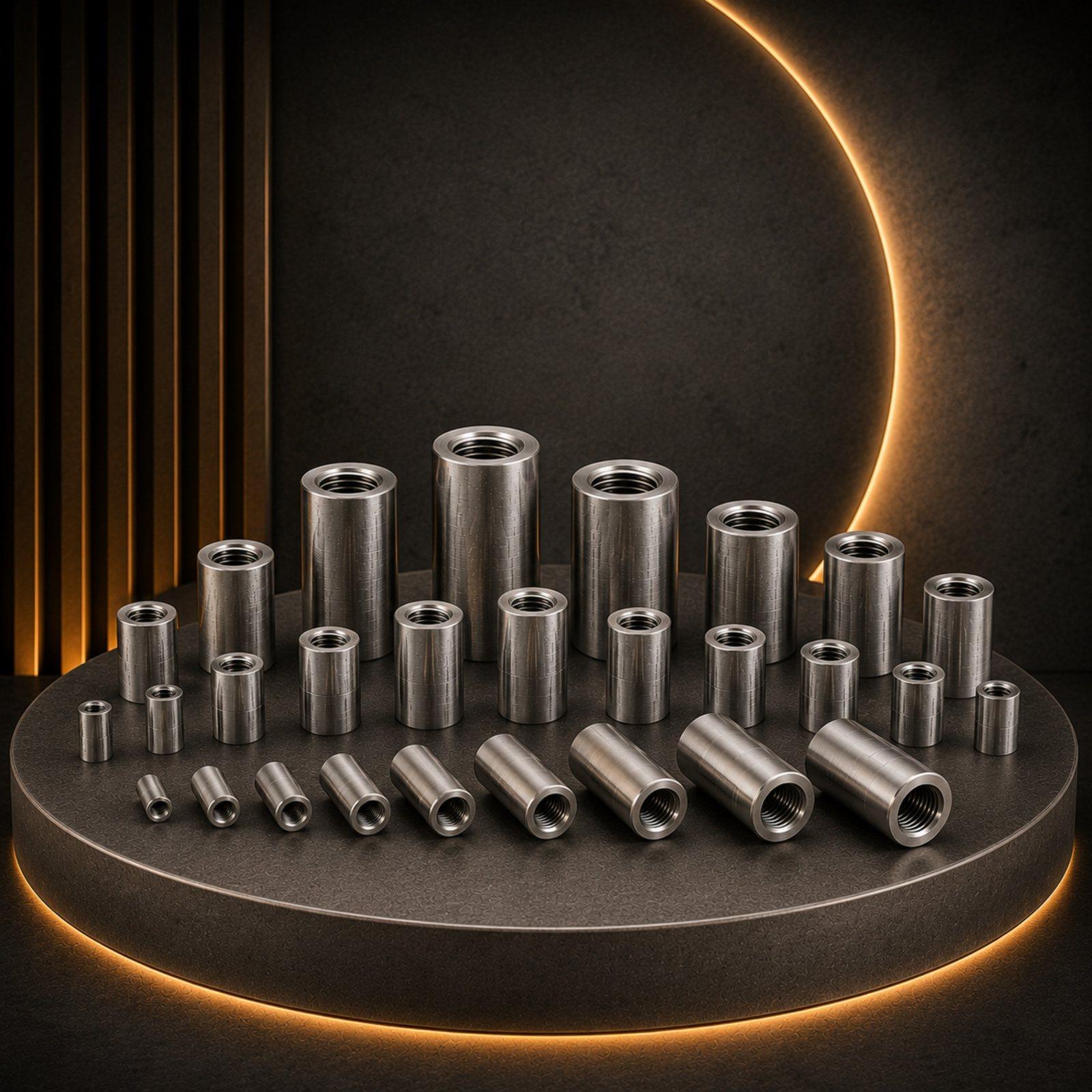 The full range of RebarConnect couplers from 12 mm to 40 mm, arranged by size