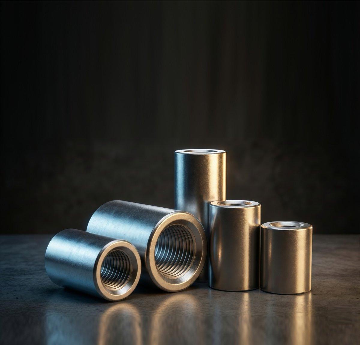 A group of finished RebarConnect couplers lit against a dark background